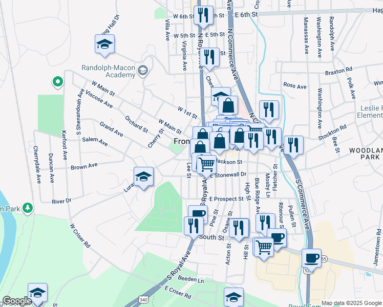 map of restaurants, bars, coffee shops, grocery stores, and more near 28 Lee Street in Front Royal