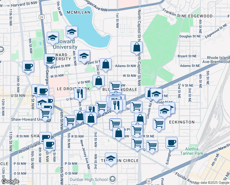 map of restaurants, bars, coffee shops, grocery stores, and more near 2010 1st Street Northwest in Washington
