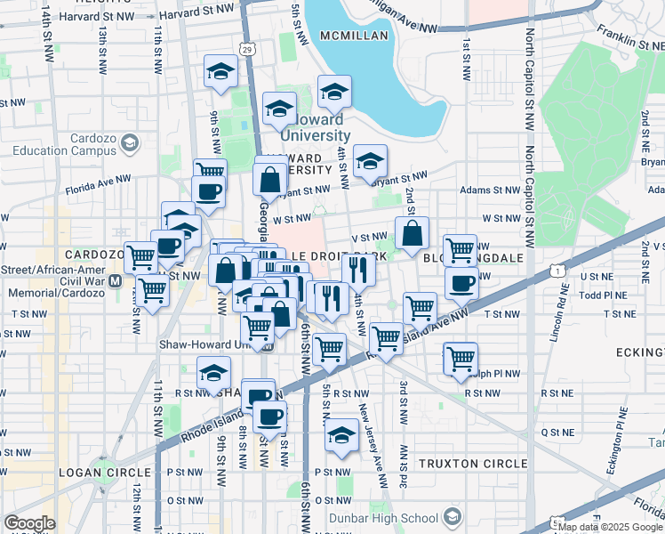 map of restaurants, bars, coffee shops, grocery stores, and more near 437 Elm Street Northwest in Washington