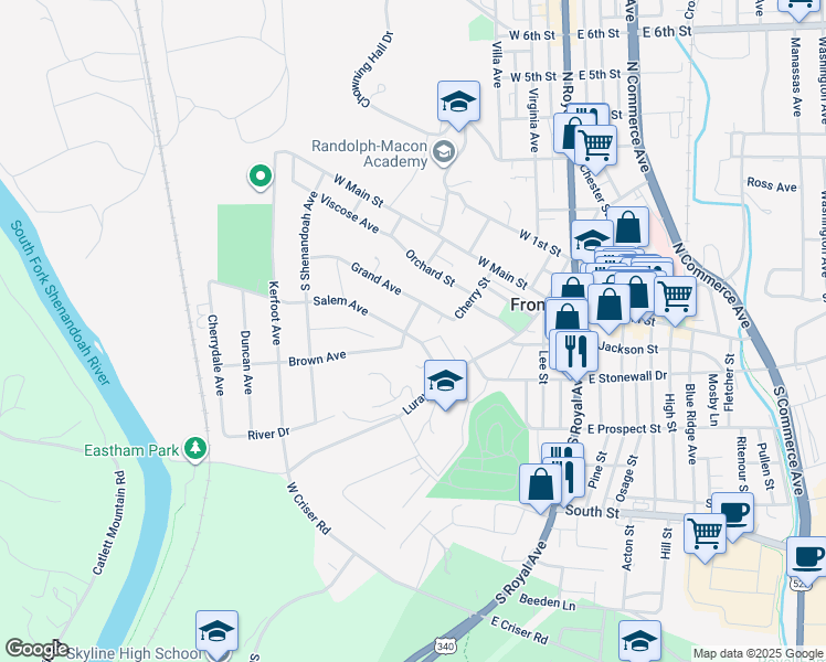 map of restaurants, bars, coffee shops, grocery stores, and more near 213 Salem Avenue in Front Royal