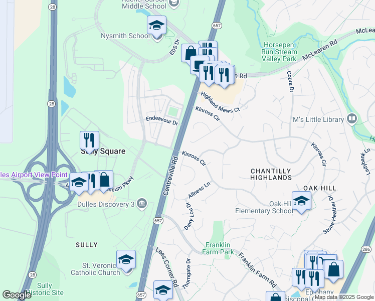 map of restaurants, bars, coffee shops, grocery stores, and more near 3287 Kinross Circle in Herndon
