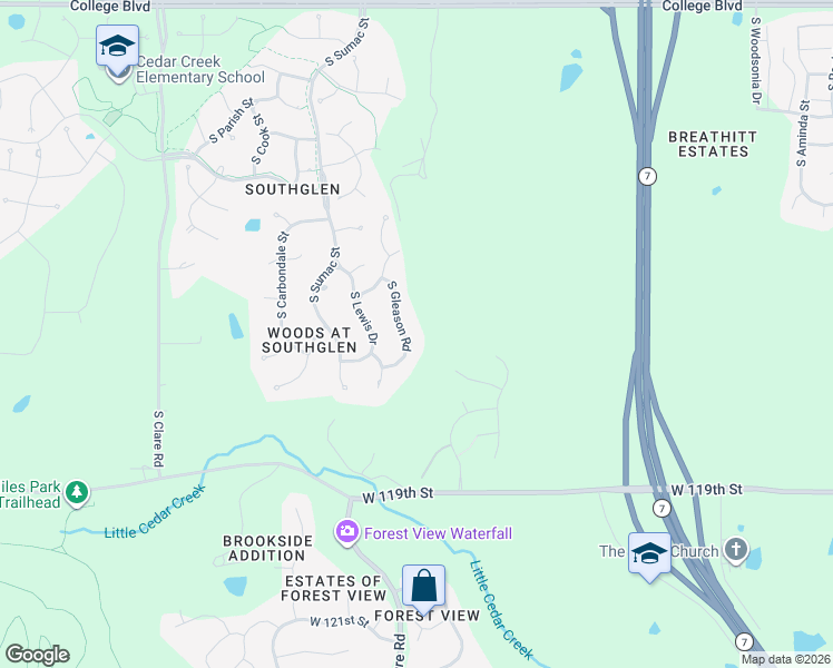 map of restaurants, bars, coffee shops, grocery stores, and more near 11665 South Gleason Road in Olathe