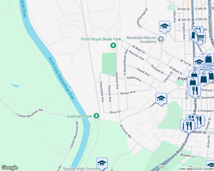 map of restaurants, bars, coffee shops, grocery stores, and more near 319 Duncan Avenue in Front Royal