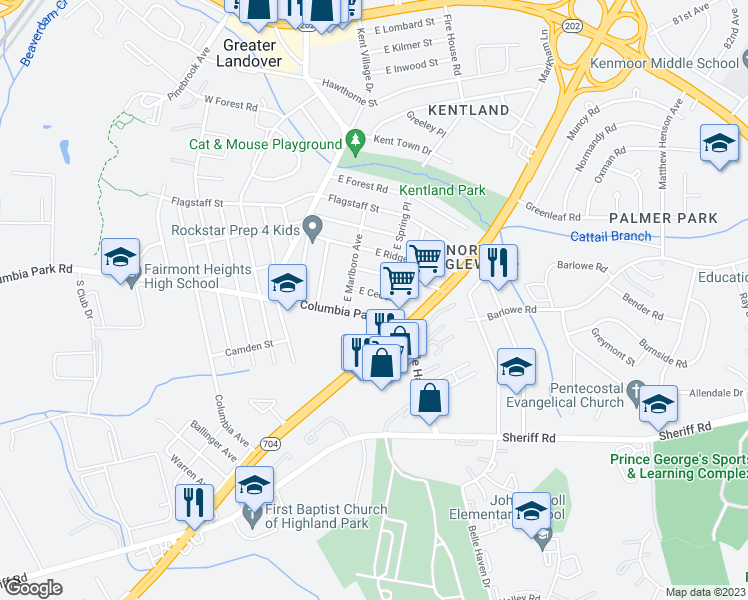 map of restaurants, bars, coffee shops, grocery stores, and more near 7111 East Cedar Street in Greater Landover