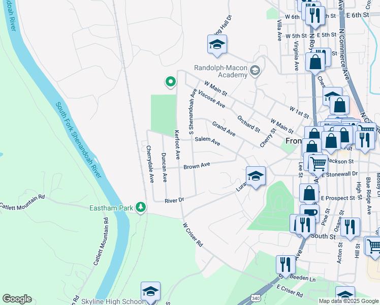 map of restaurants, bars, coffee shops, grocery stores, and more near 319 South Shenandoah Avenue in Front Royal