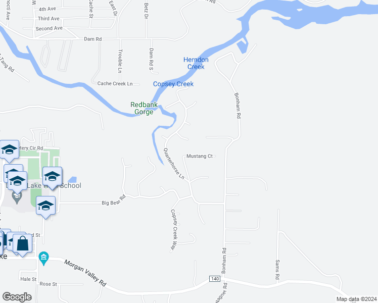 map of restaurants, bars, coffee shops, grocery stores, and more near 17084 Mustang Court in Lower Lake