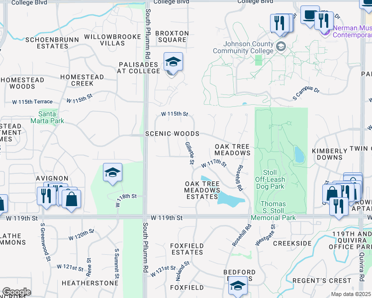 map of restaurants, bars, coffee shops, grocery stores, and more near 11615 Gillette Street in Overland Park