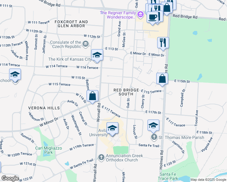 map of restaurants, bars, coffee shops, grocery stores, and more near 11608 Minor Drive in Kansas City