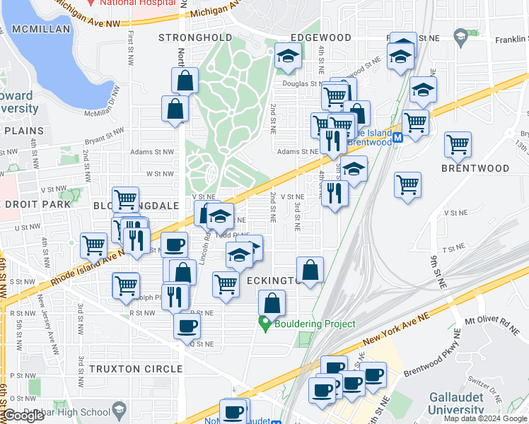 map of restaurants, bars, coffee shops, grocery stores, and more near 171 Uhland Terrace Northeast in Washington