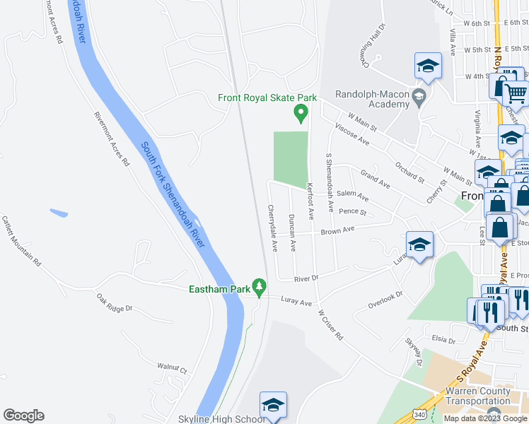 map of restaurants, bars, coffee shops, grocery stores, and more near 345 Cherrydale Avenue in Front Royal