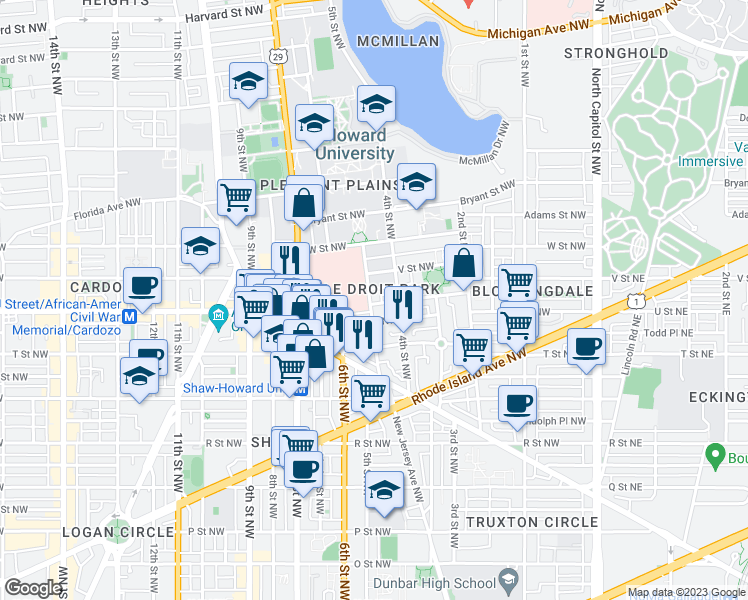 map of restaurants, bars, coffee shops, grocery stores, and more near 437 Elm Street Northwest in Washington