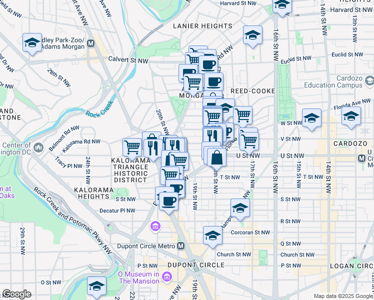 map of restaurants, bars, coffee shops, grocery stores, and more near 2020 19th Street Northwest in Washington