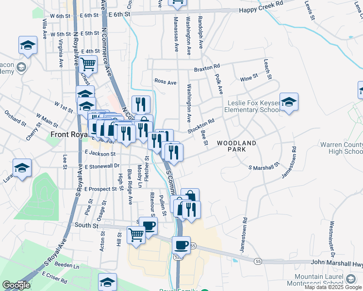 map of restaurants, bars, coffee shops, grocery stores, and more near 125 Thehill in Front Royal