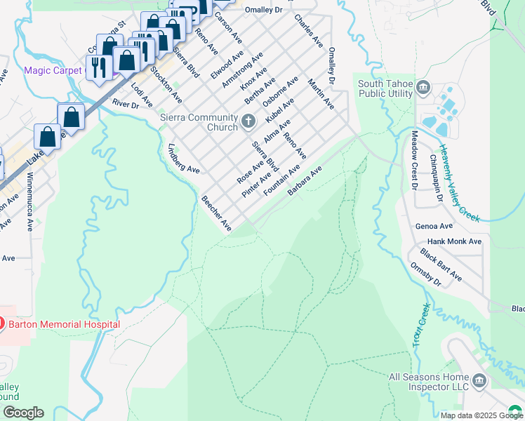 map of restaurants, bars, coffee shops, grocery stores, and more near 2499 Barbara Avenue in South Lake Tahoe