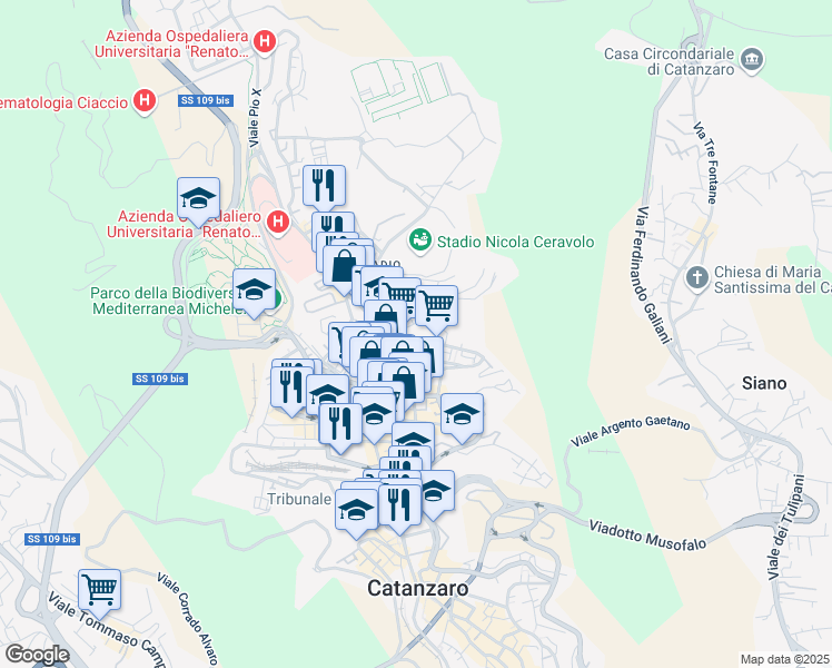 map of restaurants, bars, coffee shops, grocery stores, and more near 25 Via Romeo Domenico in Catanzaro