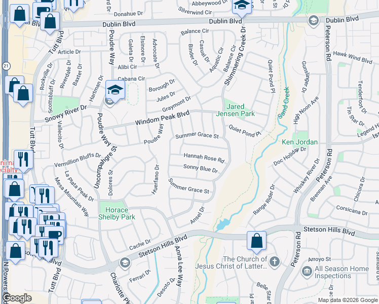 map of restaurants, bars, coffee shops, grocery stores, and more near 6372 Hannah Rose Road in Colorado Springs