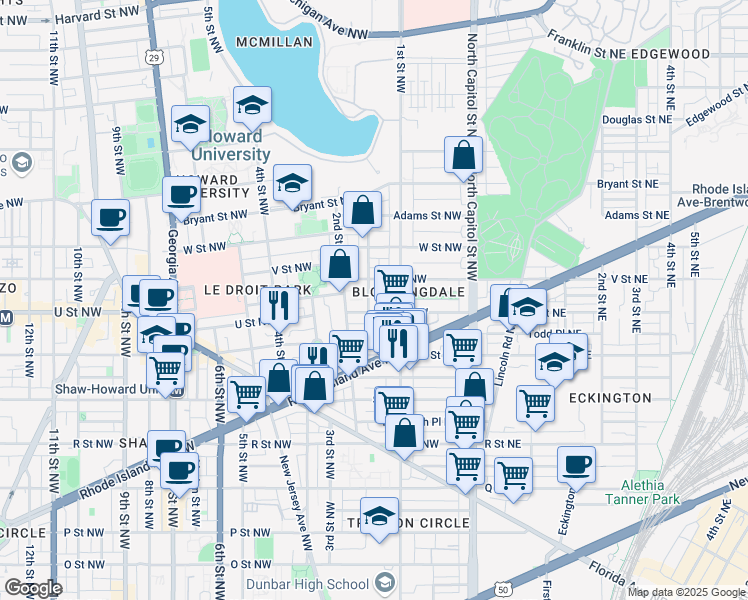 map of restaurants, bars, coffee shops, grocery stores, and more near 101 Independence Avenue Southeast in Washington