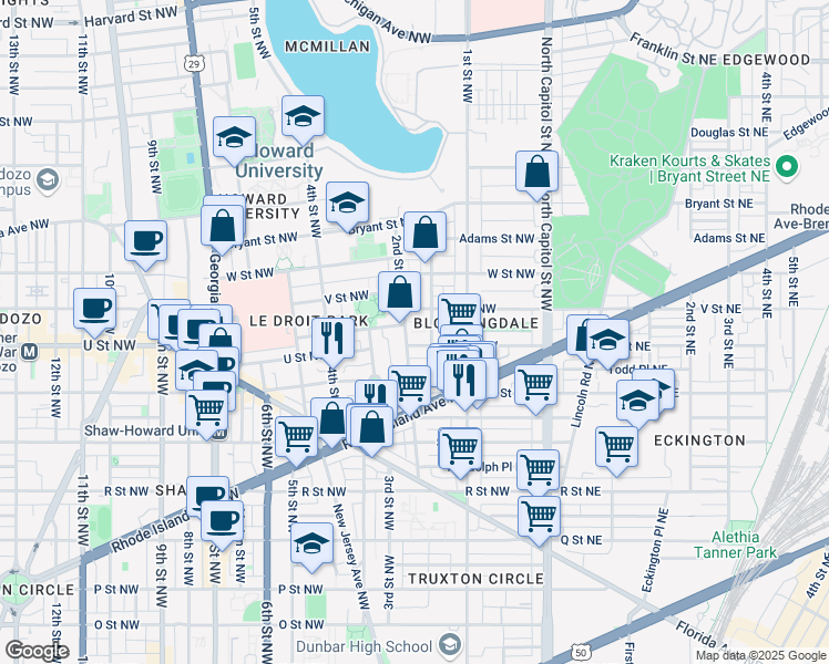 map of restaurants, bars, coffee shops, grocery stores, and more near 101 Independence Avenue Southeast in Washington