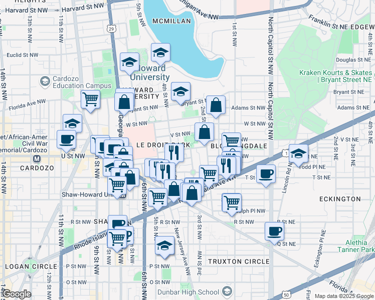 map of restaurants, bars, coffee shops, grocery stores, and more near 101 Independence Avenue Southeast in Washington