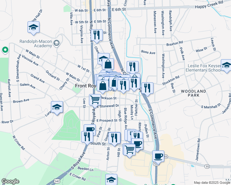 map of restaurants, bars, coffee shops, grocery stores, and more near 301 East Main Street in Front Royal