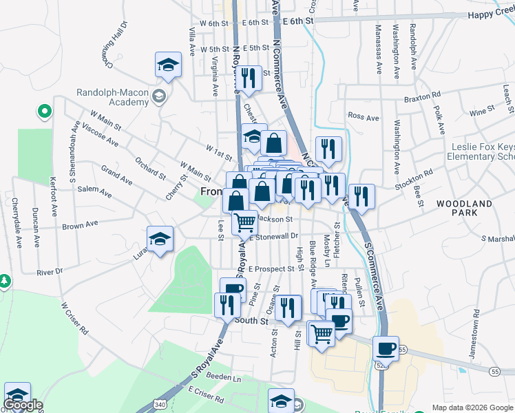 map of restaurants, bars, coffee shops, grocery stores, and more near 131 East Main Street in Front Royal