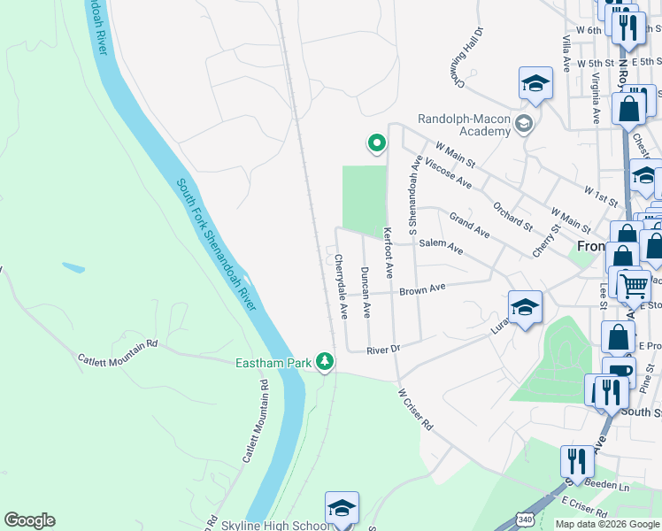 map of restaurants, bars, coffee shops, grocery stores, and more near 343 Cherrydale Avenue in Front Royal