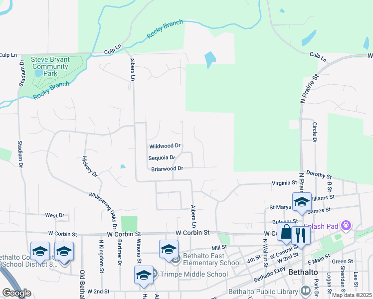 map of restaurants, bars, coffee shops, grocery stores, and more near 302 Timberwood Drive in Bethalto