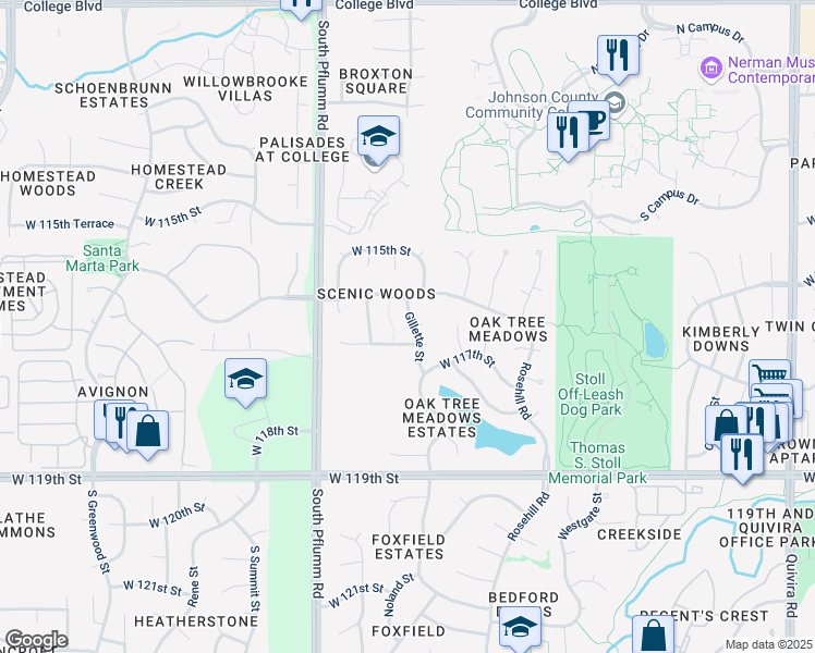 map of restaurants, bars, coffee shops, grocery stores, and more near 11615 Gillette Street in Overland Park