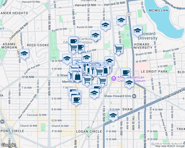 map of restaurants, bars, coffee shops, grocery stores, and more near 1215 U Street Northwest in Washington