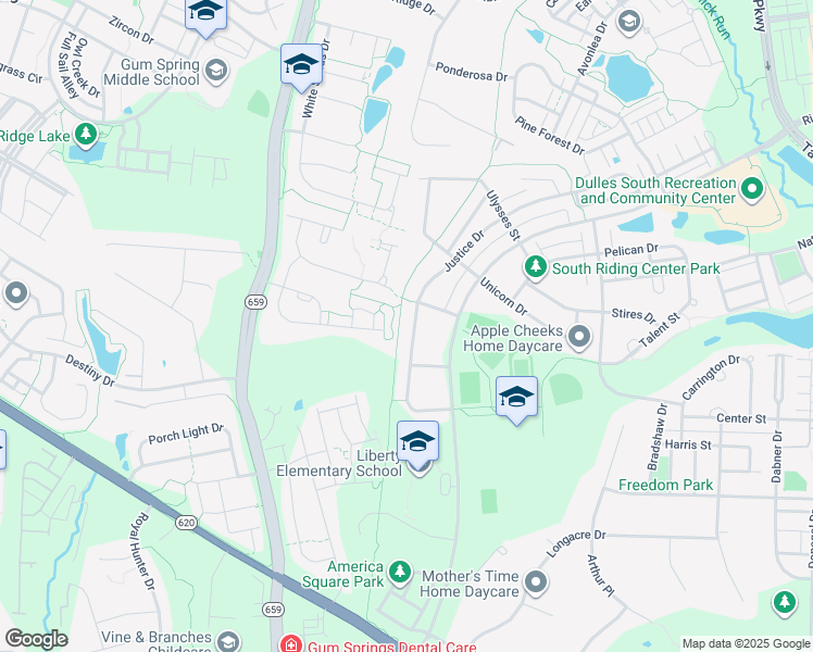 map of restaurants, bars, coffee shops, grocery stores, and more near 25299 Justice Drive in South Riding