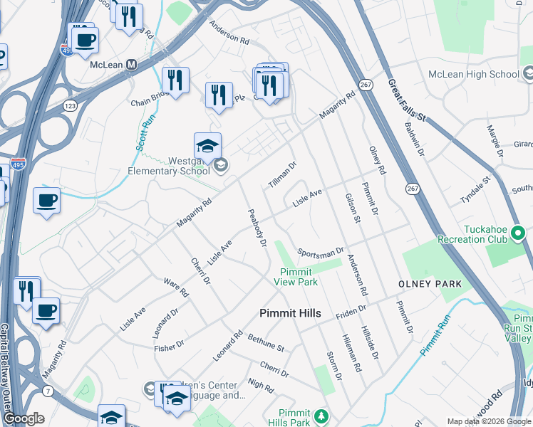 map of restaurants, bars, coffee shops, grocery stores, and more near 7414 Lisle Avenue in Falls Church