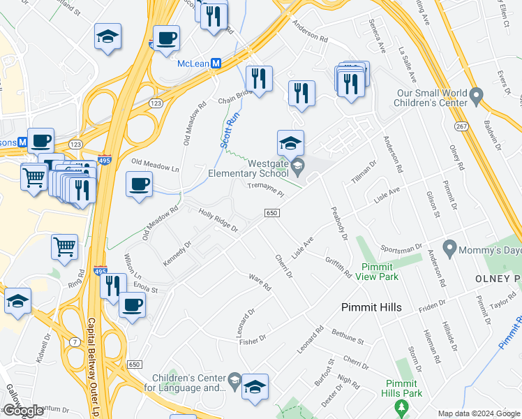 map of restaurants, bars, coffee shops, grocery stores, and more near 7630 Provincial Drive in McLean
