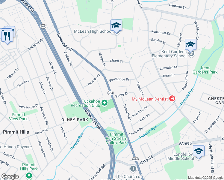map of restaurants, bars, coffee shops, grocery stores, and more near 1807 Great Falls Street in McLean
