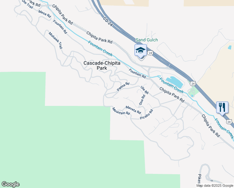 map of restaurants, bars, coffee shops, grocery stores, and more near 9415 Ute Road in Cascade-Chipita Park