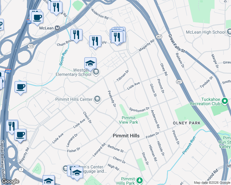 map of restaurants, bars, coffee shops, grocery stores, and more near 7414 Lisle Avenue in Falls Church