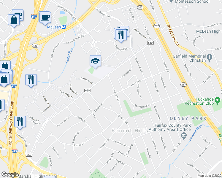 map of restaurants, bars, coffee shops, grocery stores, and more near 1814 Peabody Drive in Falls Church