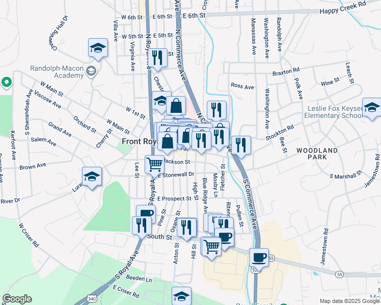 map of restaurants, bars, coffee shops, grocery stores, and more near 303 East Main Street in Front Royal