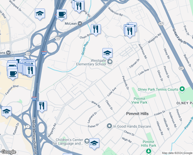 map of restaurants, bars, coffee shops, grocery stores, and more near 7630 Provincial Drive in McLean