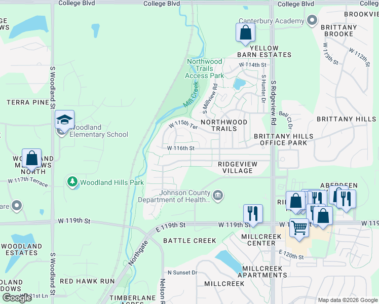 map of restaurants, bars, coffee shops, grocery stores, and more near 18885 W 116th St in Olathe