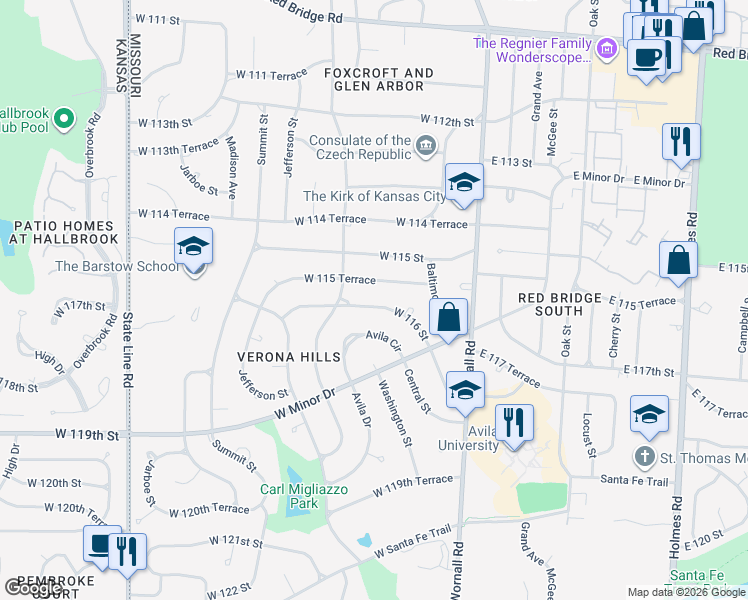 map of restaurants, bars, coffee shops, grocery stores, and more near 316 West 116 Street in Kansas City