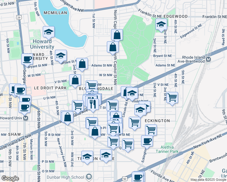 map of restaurants, bars, coffee shops, grocery stores, and more near 101 Independence Avenue Southeast in Washington