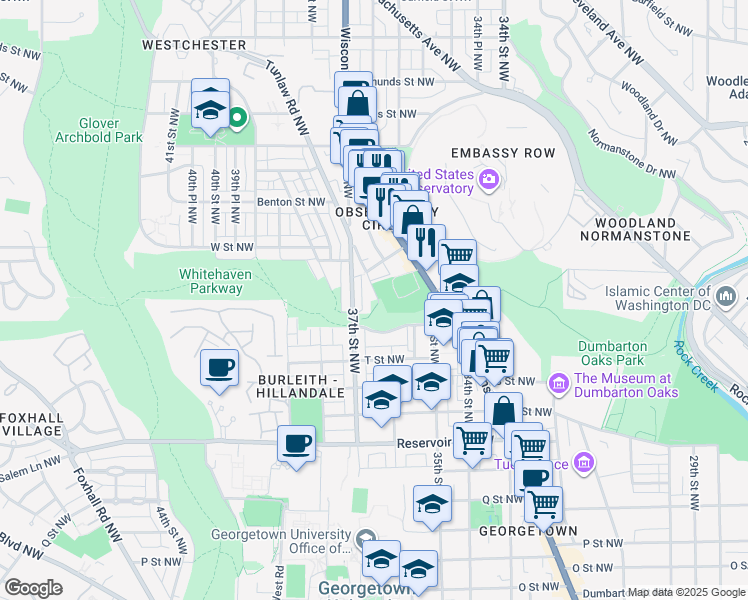 map of restaurants, bars, coffee shops, grocery stores, and more near 2012 Tunlaw Road Northwest in Washington
