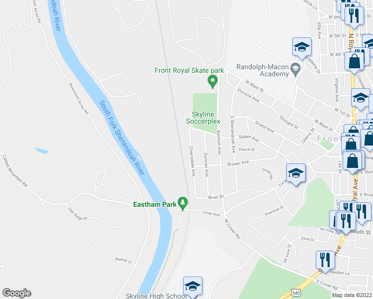 map of restaurants, bars, coffee shops, grocery stores, and more near 343 Cherrydale Avenue in Front Royal