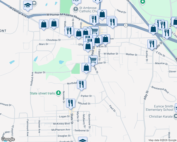 map of restaurants, bars, coffee shops, grocery stores, and more near 2336 State Street in Alton