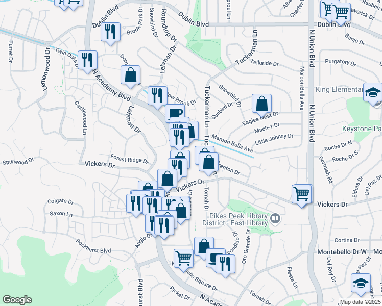 map of restaurants, bars, coffee shops, grocery stores, and more near 5959 North Academy Boulevard in Colorado Springs