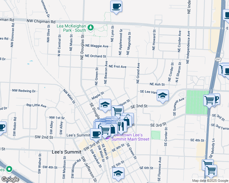 map of restaurants, bars, coffee shops, grocery stores, and more near 7 Northeast Johnson Street in Lee's Summit
