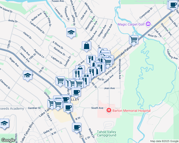 map of restaurants, bars, coffee shops, grocery stores, and more near 2161 James Avenue in South Lake Tahoe