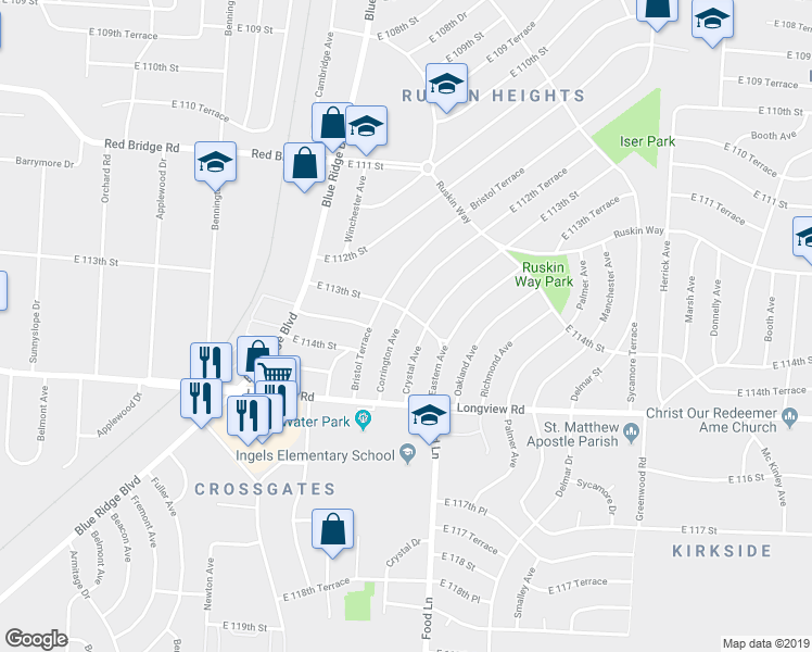 map of restaurants, bars, coffee shops, grocery stores, and more near 11303 Corrington Avenue in Kansas City