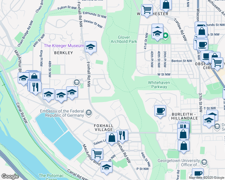 map of restaurants, bars, coffee shops, grocery stores, and more near 2155 Dunmore Lane in Washington
