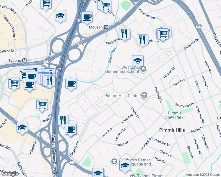 map of restaurants, bars, coffee shops, grocery stores, and more near 7661 Provincial Drive in McLean